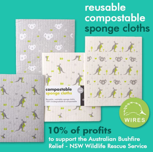 Biodegradable & Compostable Kitchen Sponge Cloths - Koala & Kangaroo - Green Coco