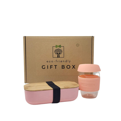 Eco-Friendly Gift Box - Blush Lunch Box &  Reusable Glass Coffee Cup Set - Green Coco