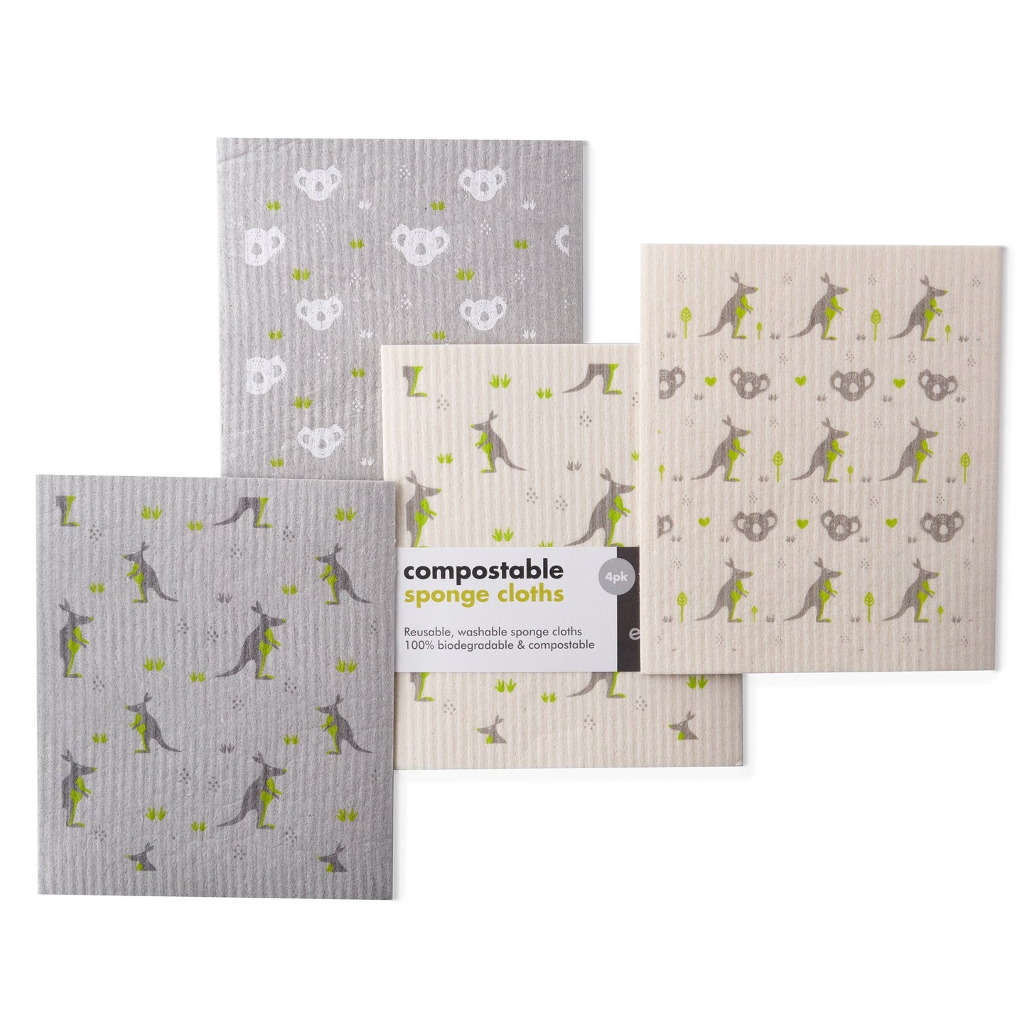 Biodegradable & Compostable Kitchen Sponge Cloths - Koala & Kangaroo - Green Coco