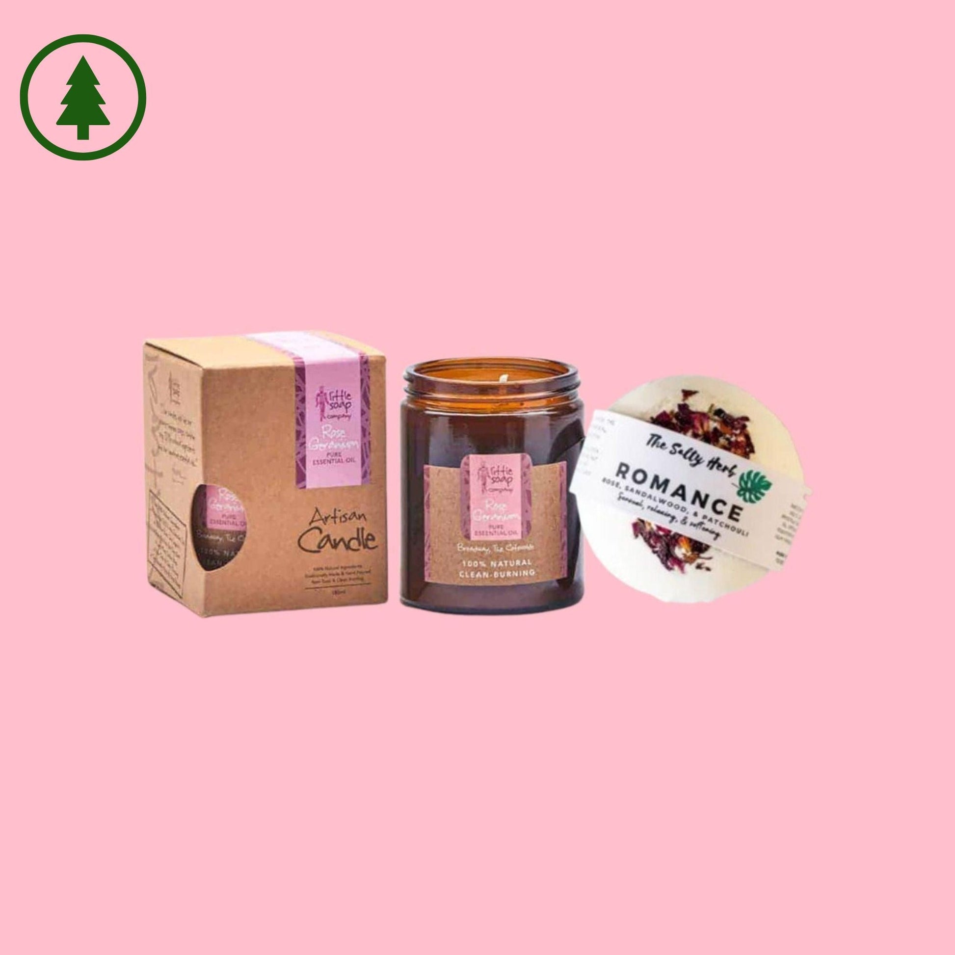 Romance Bath Set - Rose Geranium Candle & Rose Bath Bomb - Green Coco